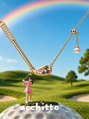 Gold Golf Club Pendant Necklace with Multicolor Stones